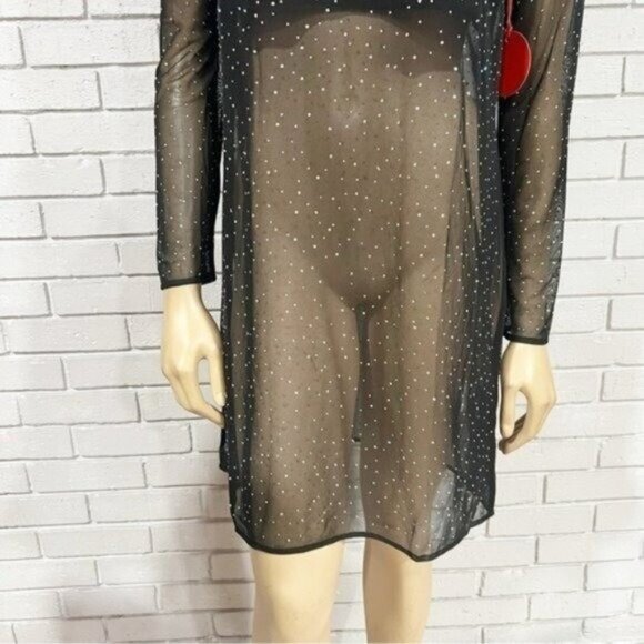 Eva Franco Long‑Sleeve Sheer Mesh Rhinestone Tunic Top, Size M — Statement Layer - Picture 8 of 16